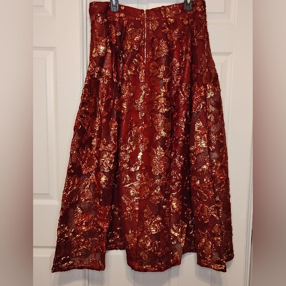 Ashro Formal Floral Maxi Skirt Glamour Embroidered Lace Overlay Red Gold Sz 14